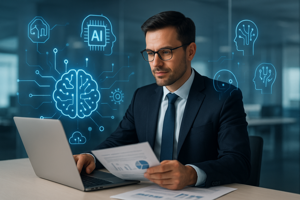 Business leader studying for Generative AI Leader certification with digital AI icons in a modern office.