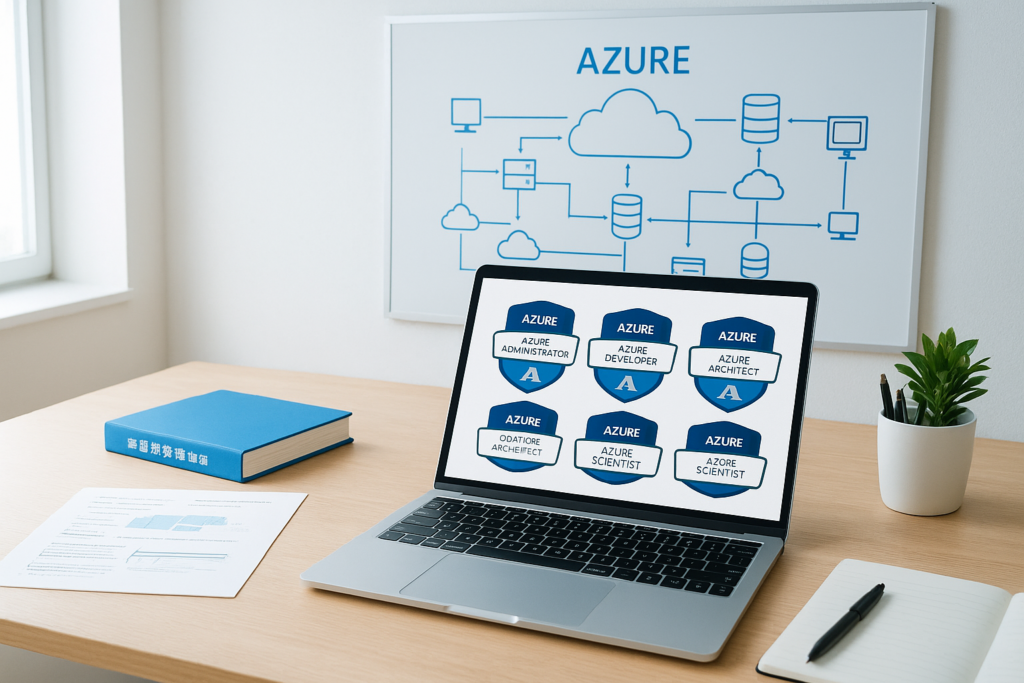 Microsoft Certified: Azure Solutions Architect Expert study guide materials with Azure cloud diagrams and certification badge.