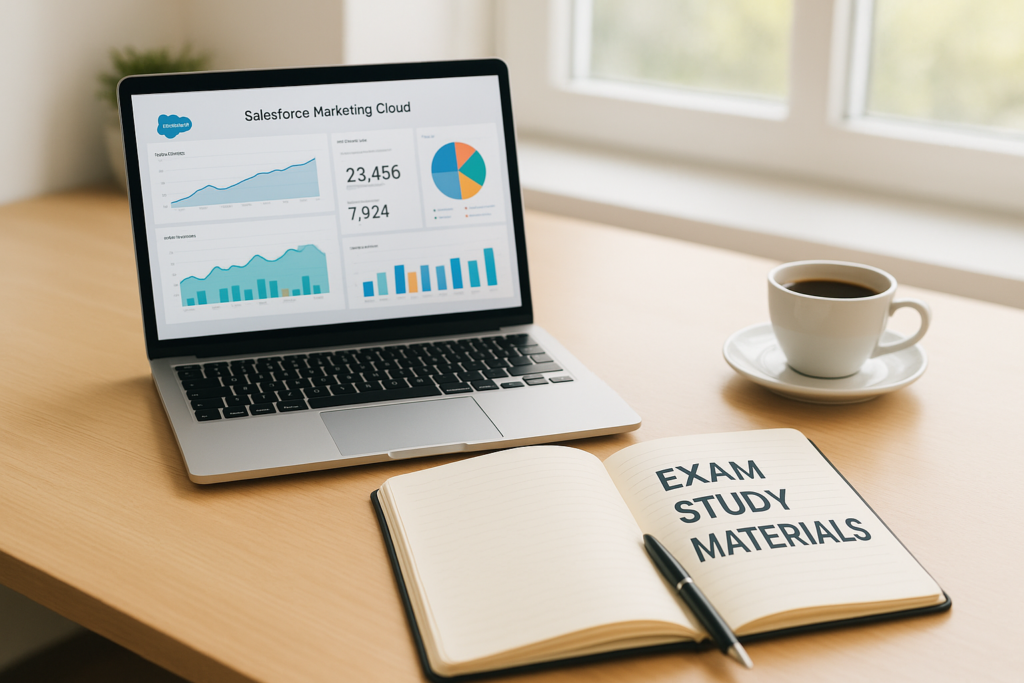 Salesforce Certified Marketing Cloud Consultant study guide workspace with laptop and exam materials