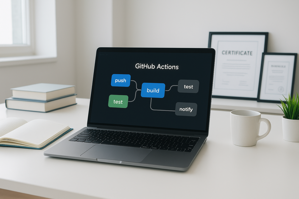 GitHub Actions Certification study guide materials and workflow diagram on a professional desk