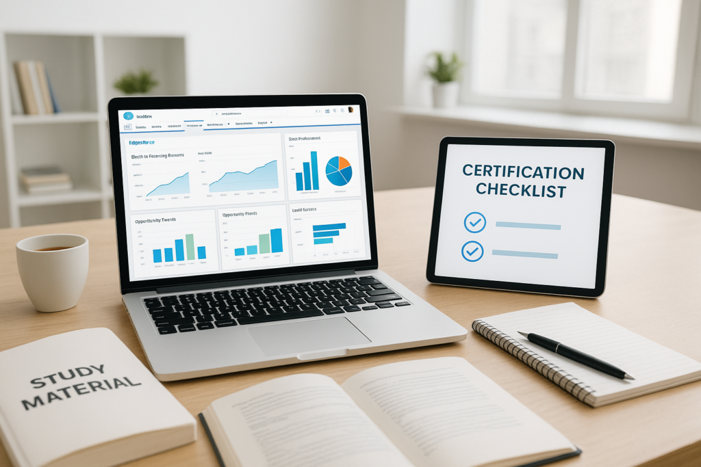Salesforce Tableau CRM & Einstein Discovery Consultant study guide workspace with dashboards and study materials