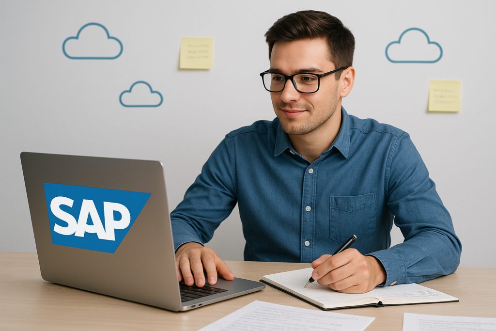 Professional preparing for SAP Certified Associate – Back-End Developer - ABAP Cloud exam with laptop and notes