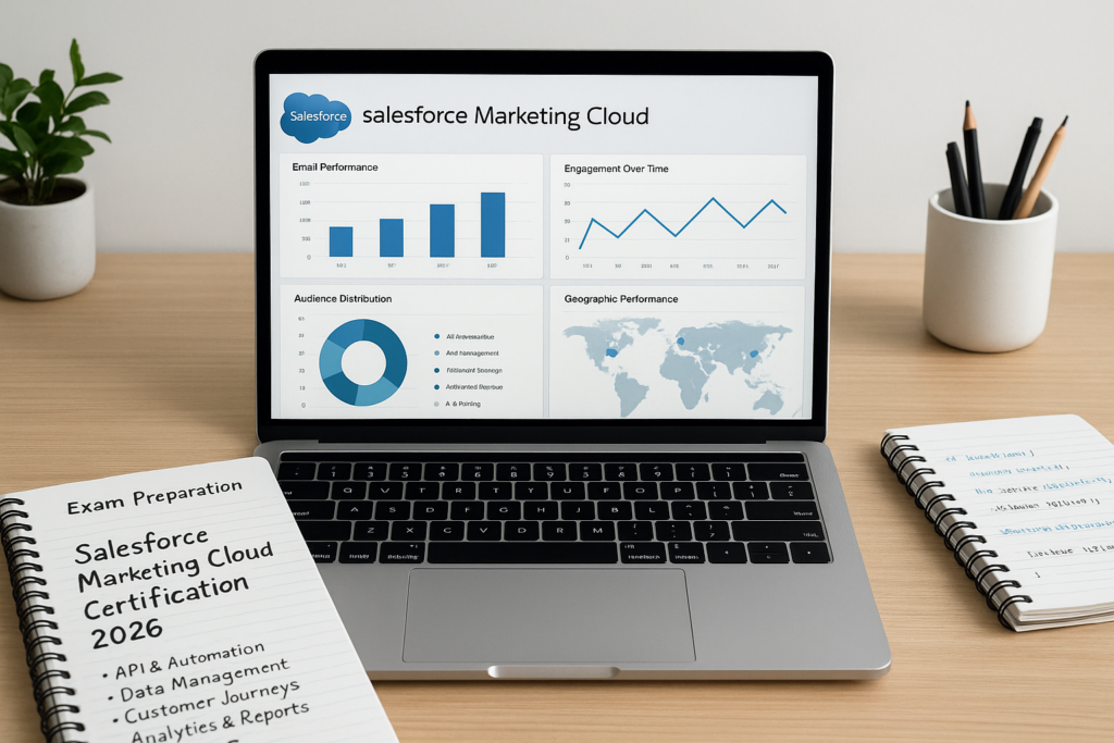 Salesforce Certified Marketing Cloud Developer study guide workspace with laptop and notes for 2026 exam preparation.