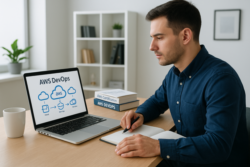 AWS Certified DevOps Engineer – Professional study guide workspace with laptop and exam prep materials