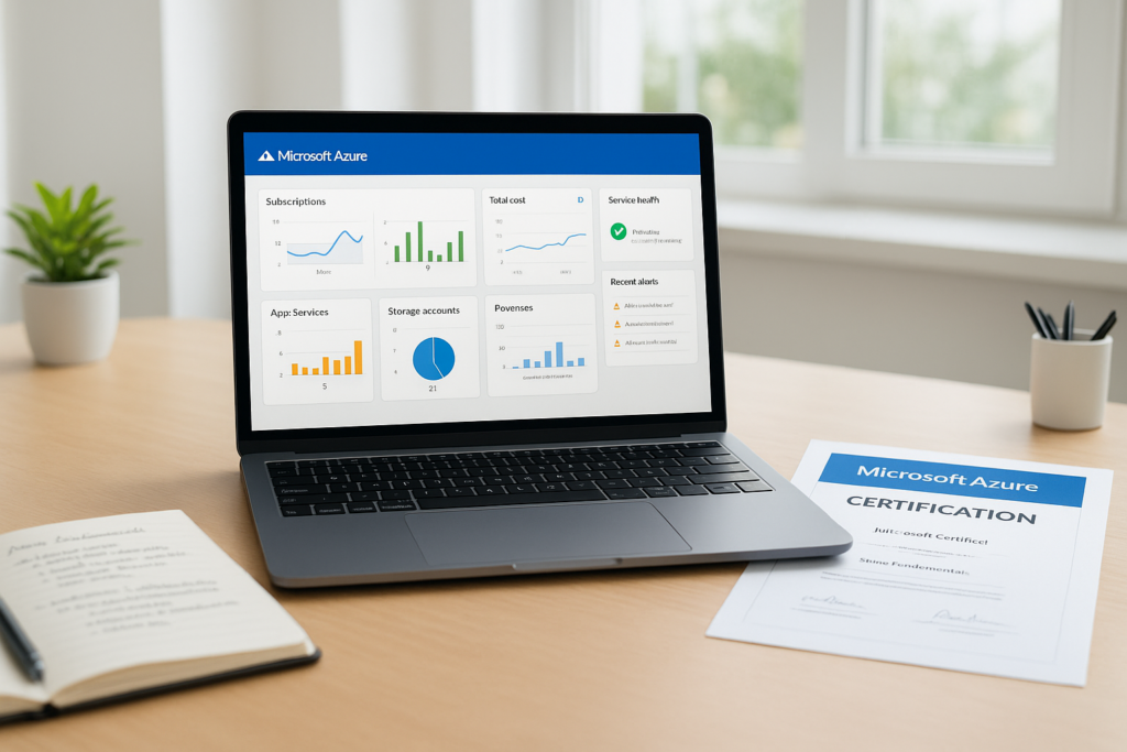 Microsoft Certified: Azure Administrator Associate study guide workspace with laptop and study materials