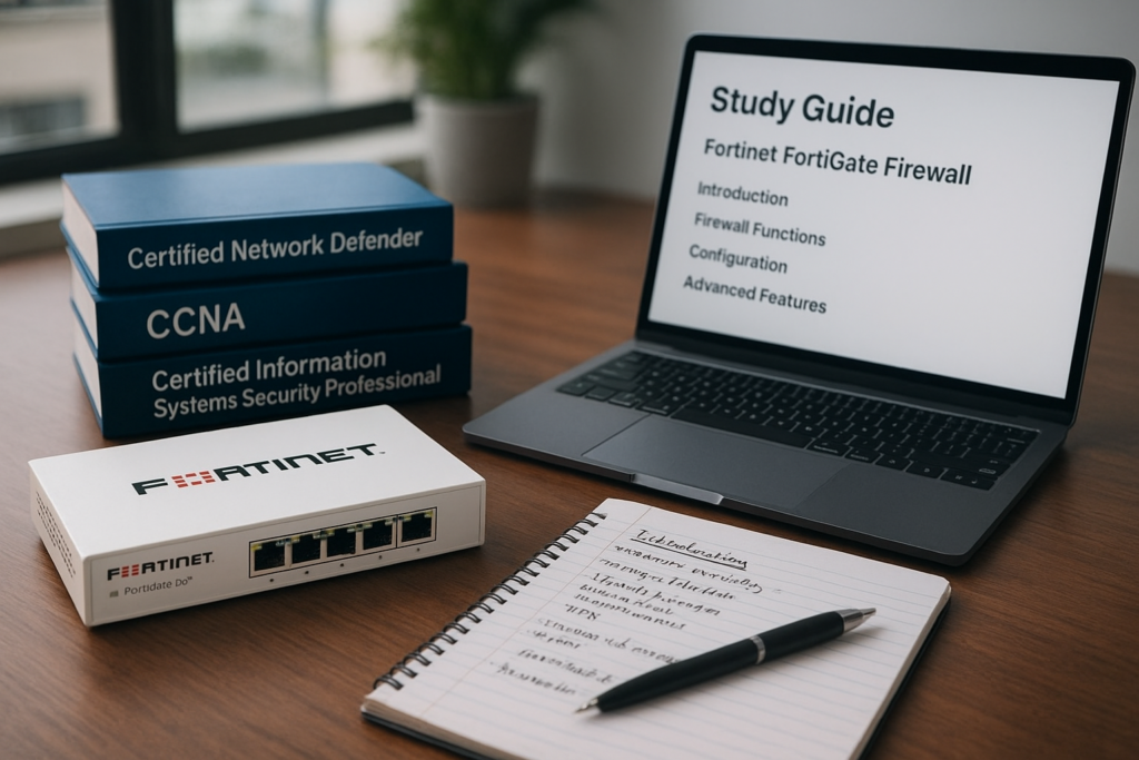 Study setup for Fortinet FortiGate Administrator (FCP-FortiGate 7.6) certification with firewall, laptop, and study materials.