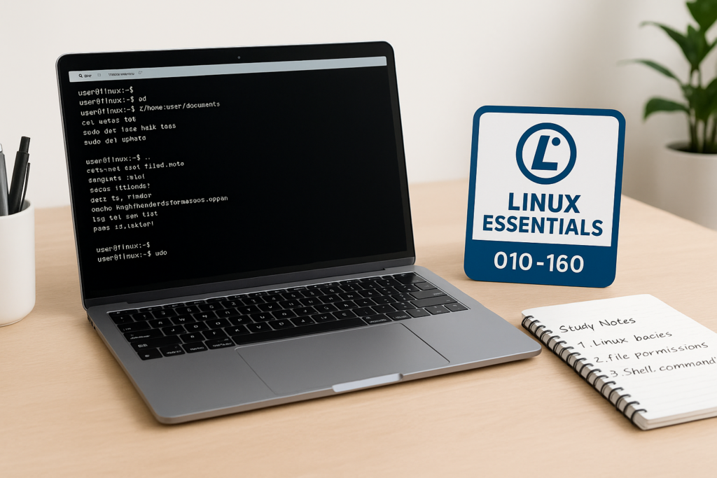 LPI Linux Essentials (010-160) study guide workspace with laptop and certification badge