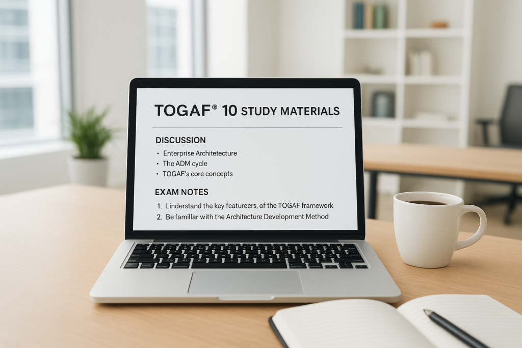 TOGAF 10 Foundation study guide 2026 workspace with study materials and laptop