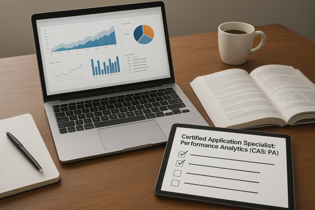 Study setup for Certified Application Specialist: Performance Analytics (CAS: PA) exam prep with analytics dashboards and notes.