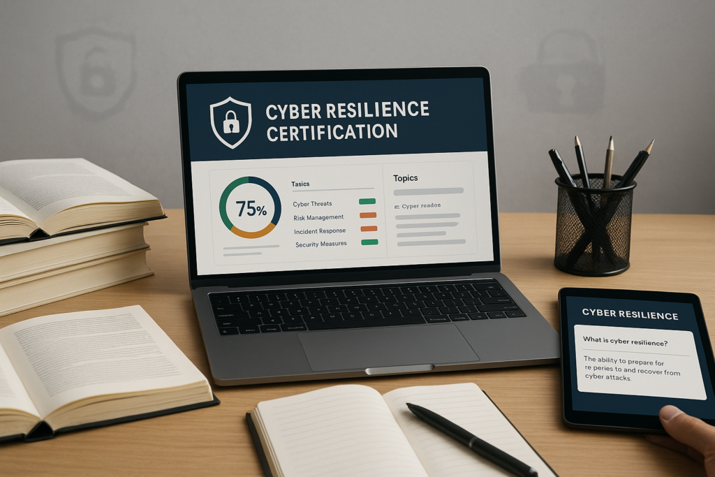 AKYLADE Certified Cyber Resilience Fundamentals (A/CCRF) study guide workspace with digital exam prep materials