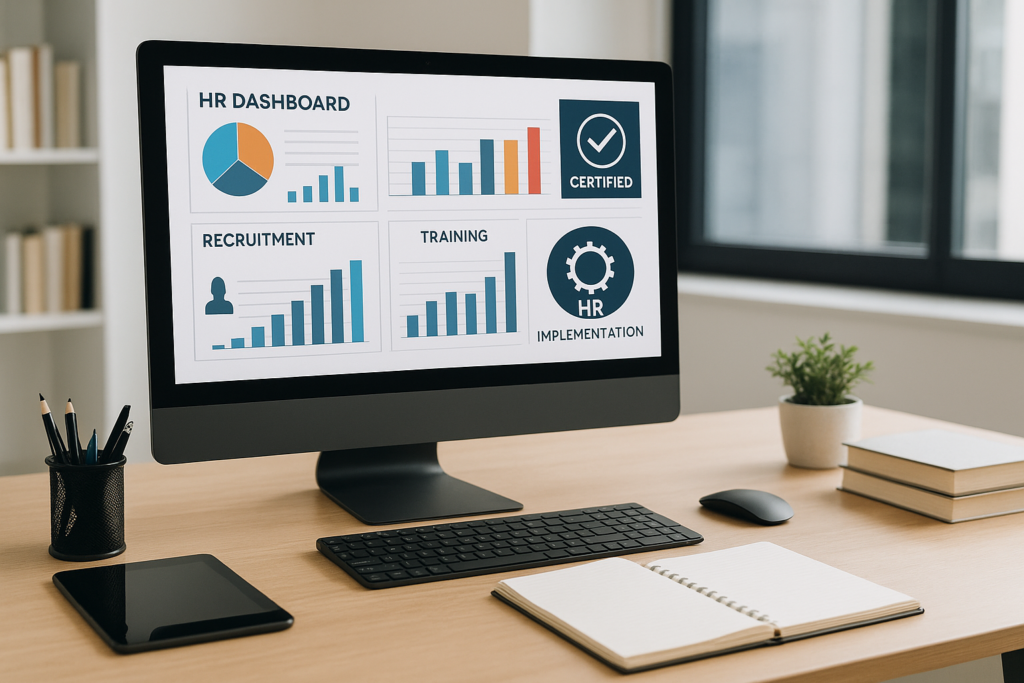 CIS-HR study guide workspace with HR software and certification prep materials