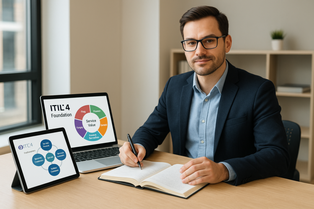 Professional studying for ITIL 4 Foundation exam with digital resources