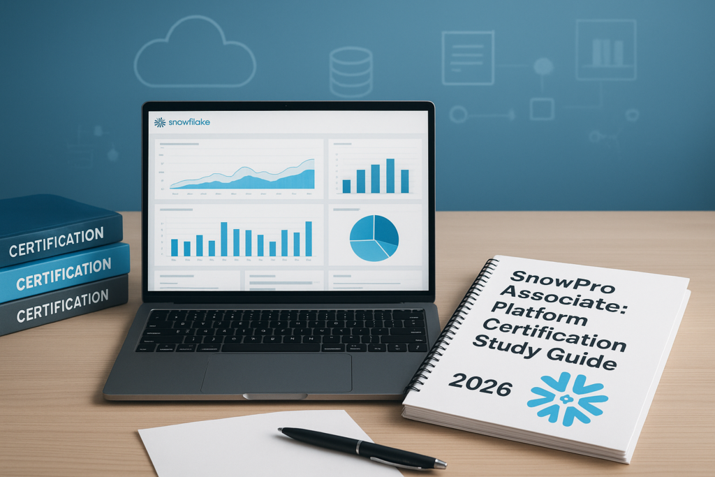 SnowPro Associate: Platform Certification Study Guide 2026 workspace with laptop, books, and checklist.