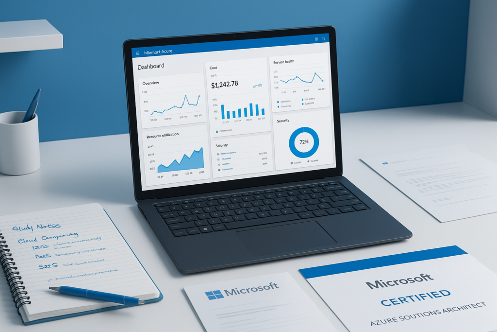 Azure Enterprise Data Analyst Associate study guide workspace with laptop and notes