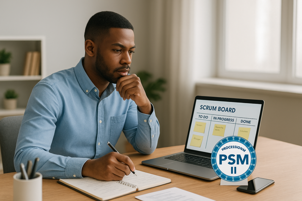 Professional Scrum Master II (PSM II) study guide workspace with Scrum board and certification badge