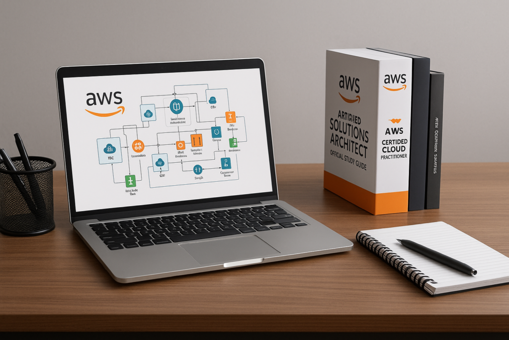 AWS Certified Solutions Architect – Associate study guide 2026 workspace with laptop and exam materials