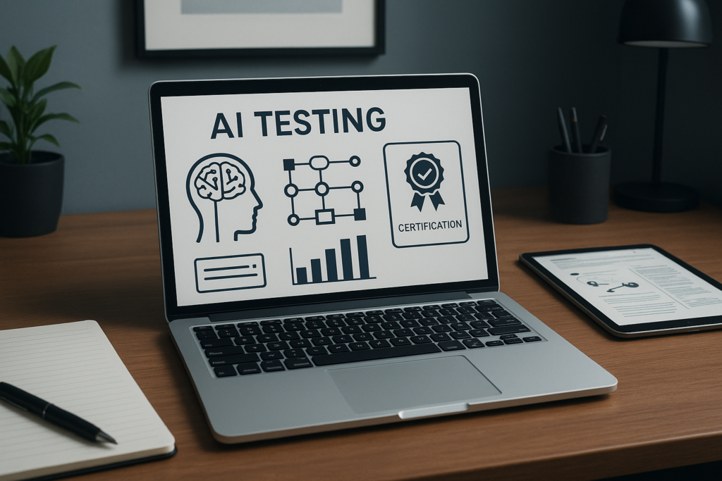 Specialist AI Testing (CT-AI) study guide workspace with laptop and certification badge