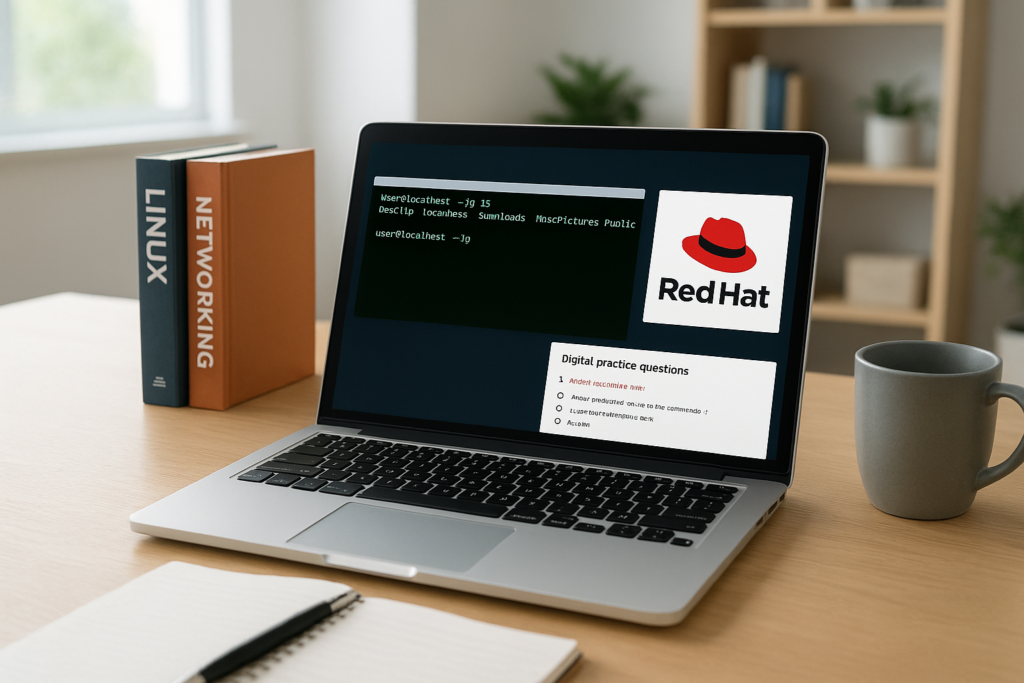 RHCE study guide 2026 with laptop, Red Hat logo, and practice questions