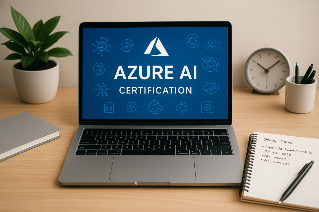 Azure AI Engineer Associate study guide workspace with laptop and notes