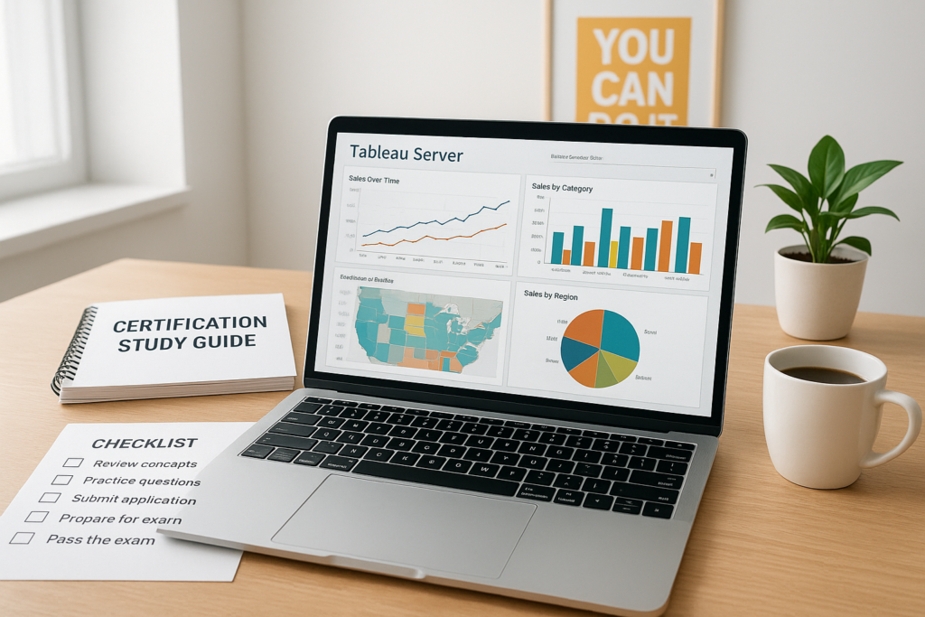 Tableau Server Certified Associate study guide workspace with exam materials and dashboards