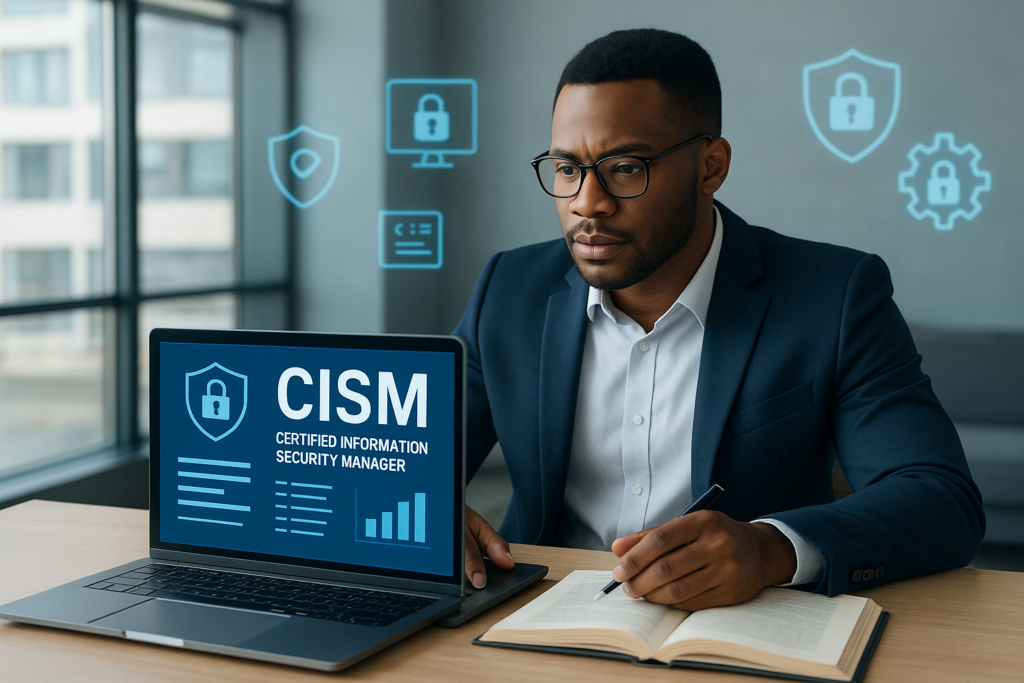 Professional preparing for the Certified Information Security Manager (CISM) exam with digital resources.