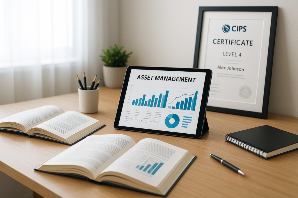 CIPS Level 4 Whole Life Asset Management (L4M7) study session with books and digital tools
