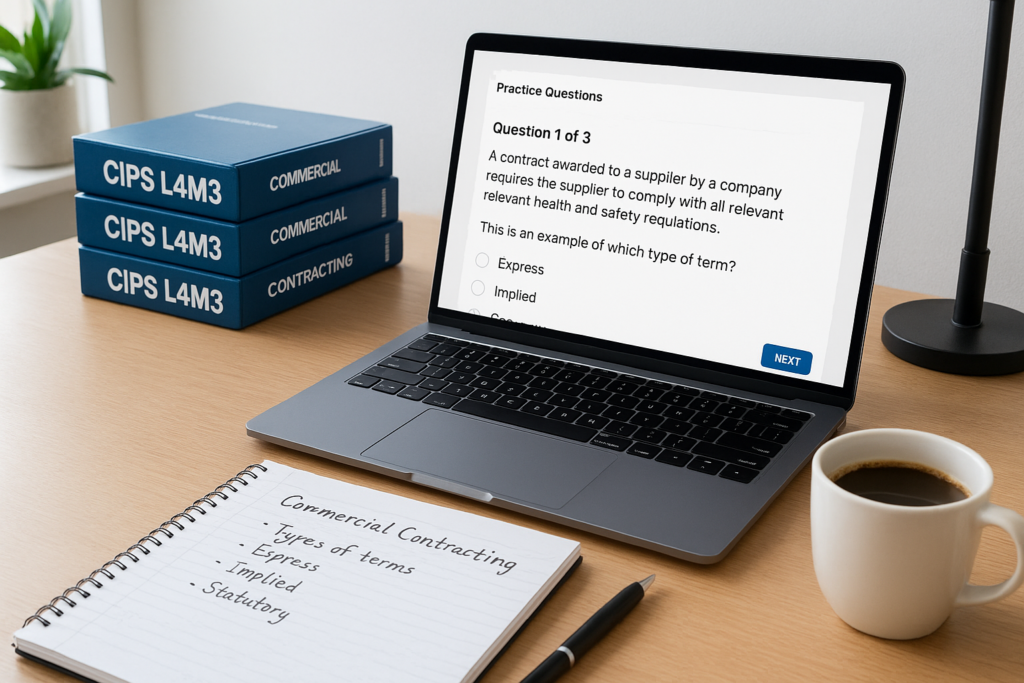 CIPS L4M3: Commercial Contracting study materials and practice questions on a desk