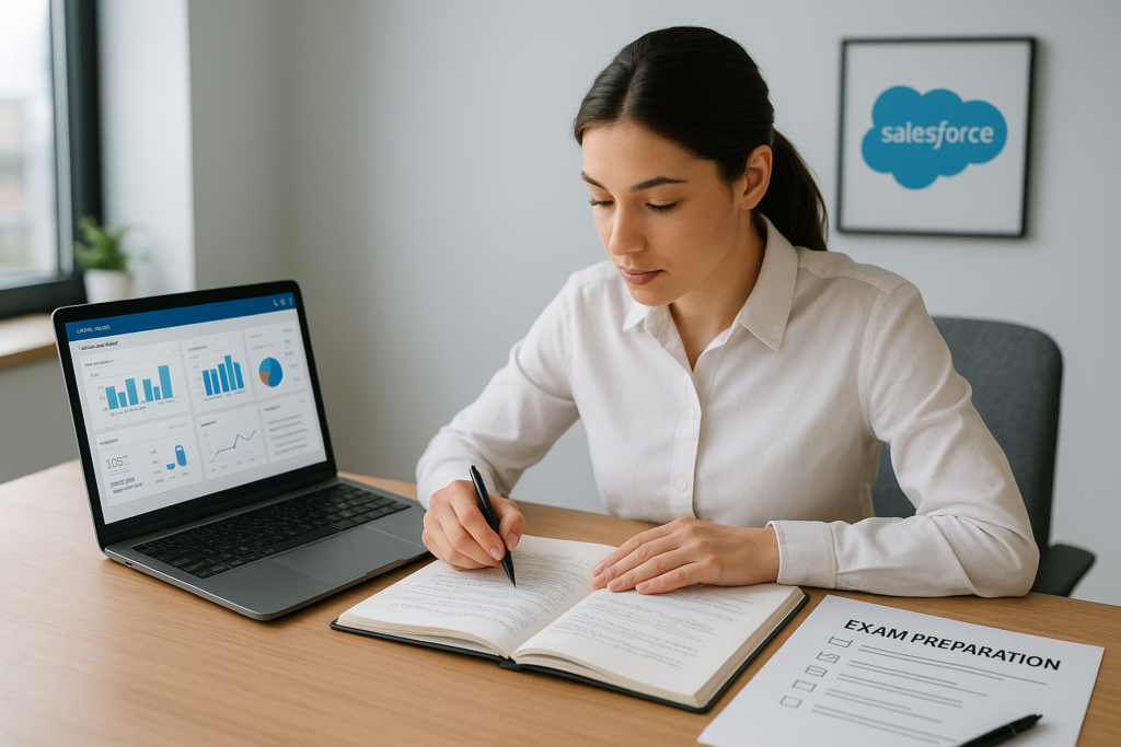 Salesforce Certified Administrator study guide workspace with laptop and exam notes
