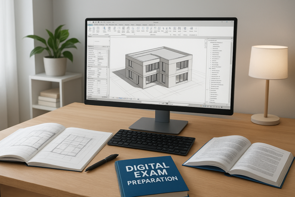 Study desk with Autodesk Revit software, blueprints, and a study guide for exam preparation.