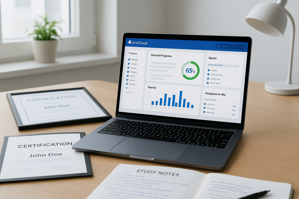 ACP-620 Jira Cloud Certification study guide workspace with laptop and notes