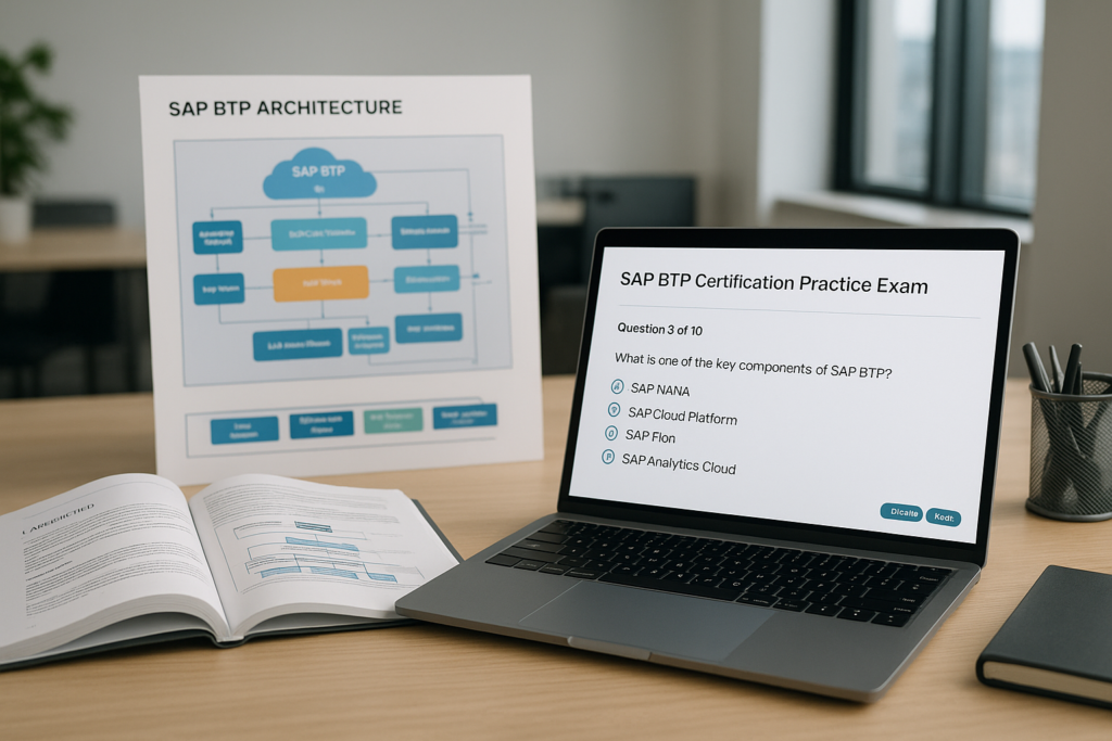 SAP Certified Professional Solution Architect SAP BTP study materials and practice exam on desk