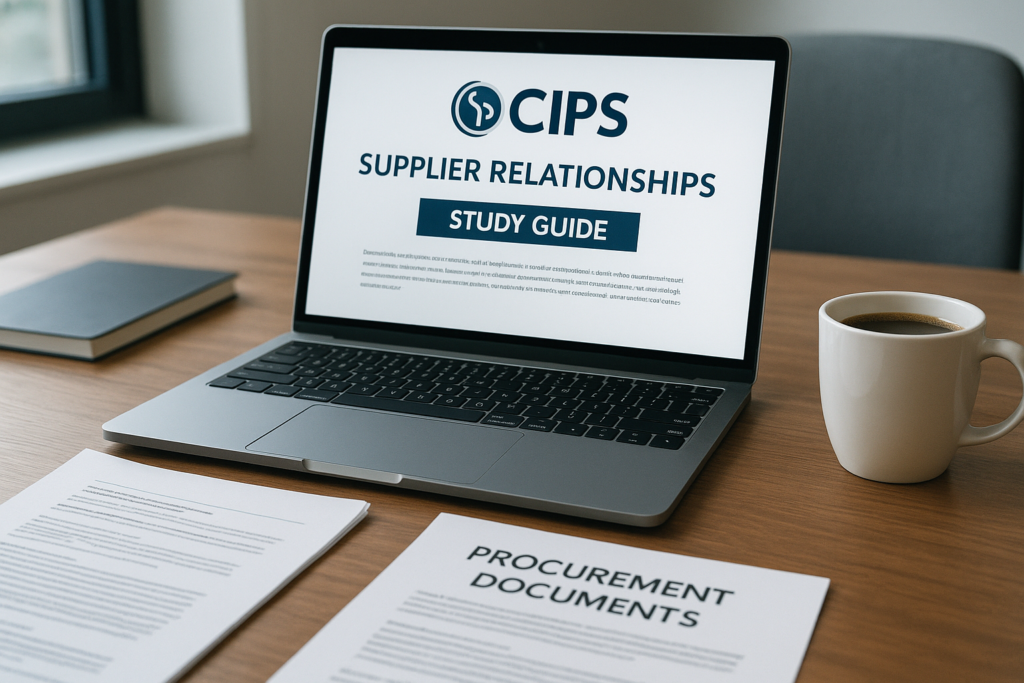 CIPS L4M6: Supplier Relationships study guide workspace with laptop and study materials
