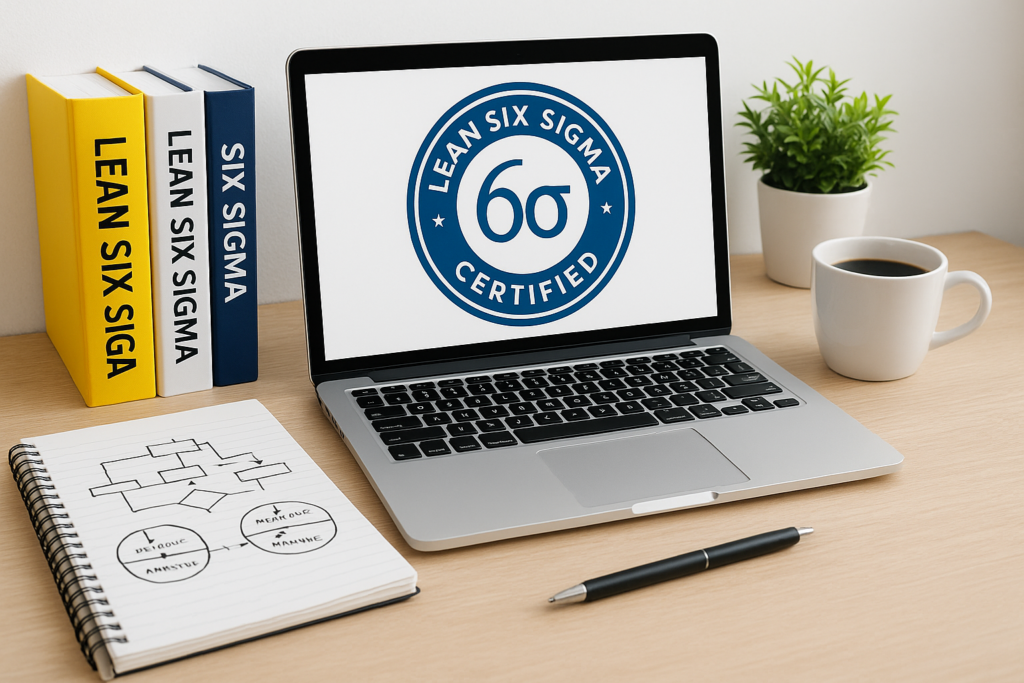 Lean Six Sigma Yellow Belt Certification study guide materials on a desk with a laptop and notebook