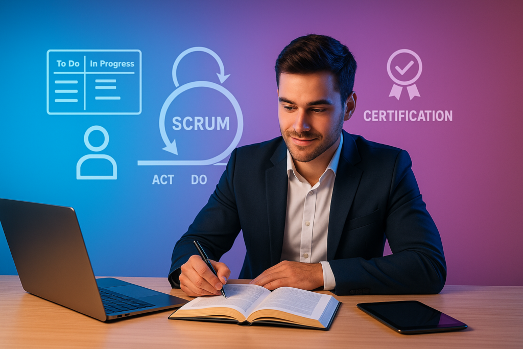 Professional preparing for the Scrum Master I (PSM I) exam with study materials and digital tools.