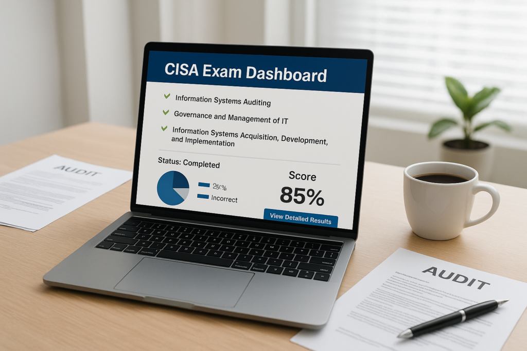 CISA study guide 2026 workspace with laptop and audit materials