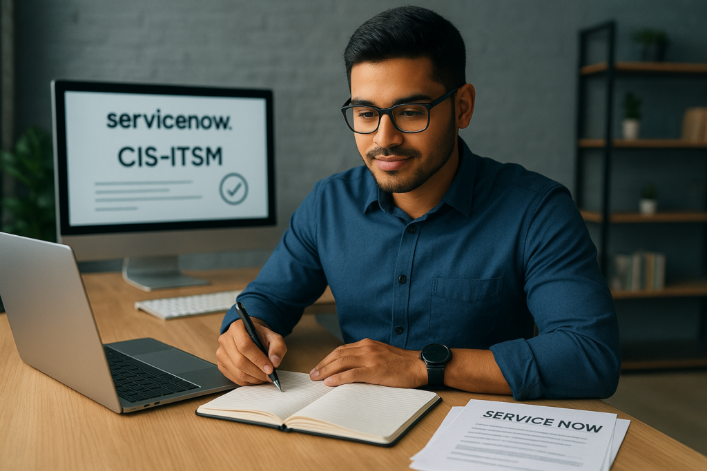 IT professional preparing for CIS-ITSM certification exam in a modern workspace