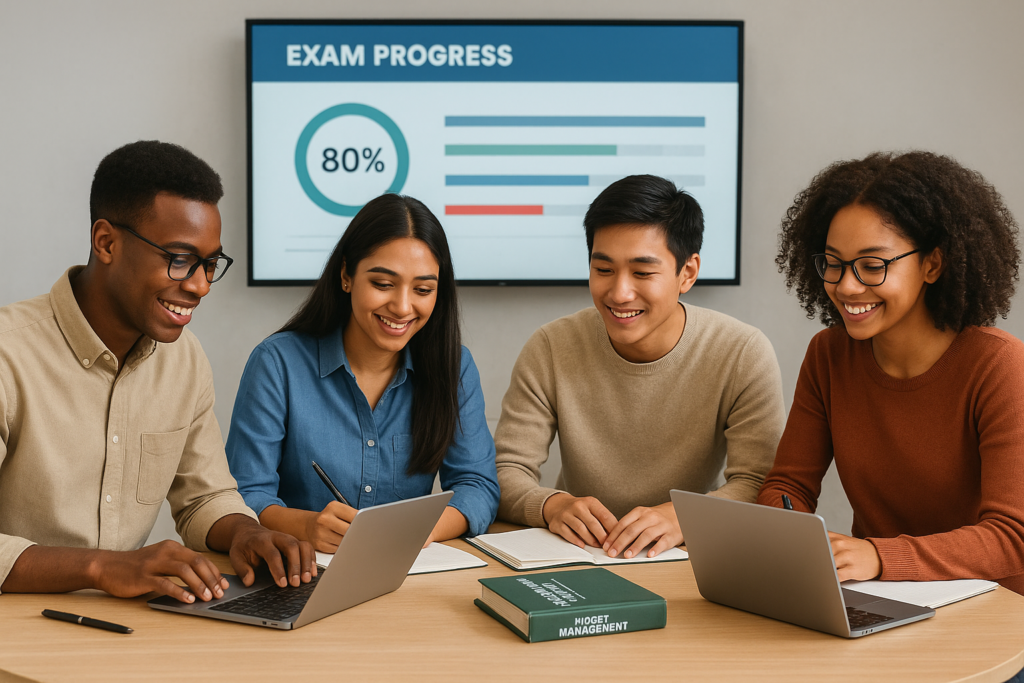 Group of professionals preparing for the CAPM exam with study materials and a digital dashboard.