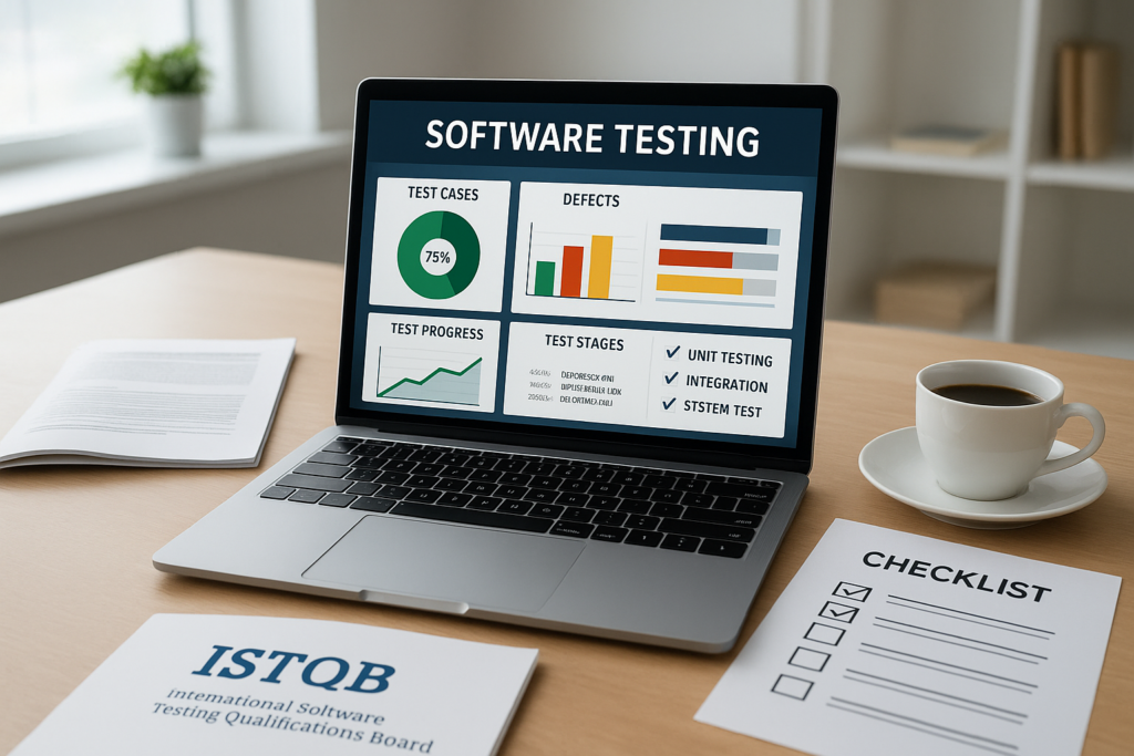 ISTQB Certified Tester Foundation Level (CTFL) study guide workspace with laptop and study materials
