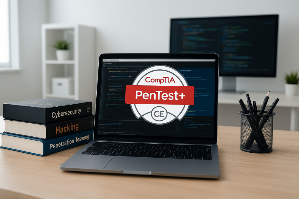 CompTIA PenTest+ ce Certification study guide workspace with cybersecurity materials.