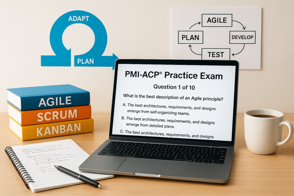PMI Agile Certified Practitioner (PMI-ACP)® study guide workspace with laptop and agile materials