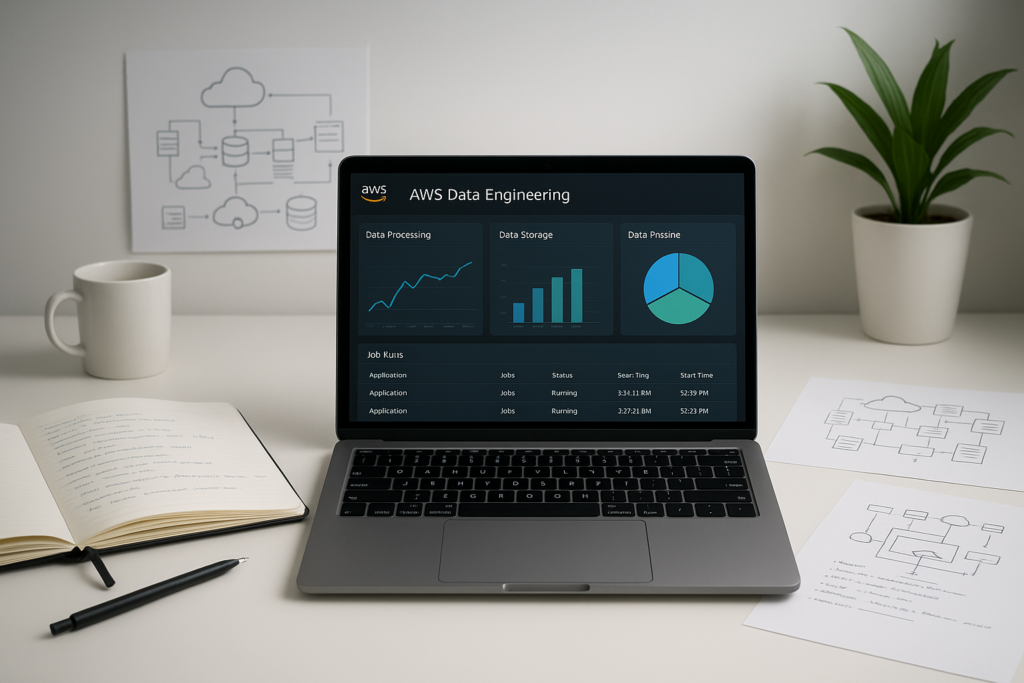 Study setup for AWS Certified Data Engineer – Associate exam with laptop and cloud diagrams.