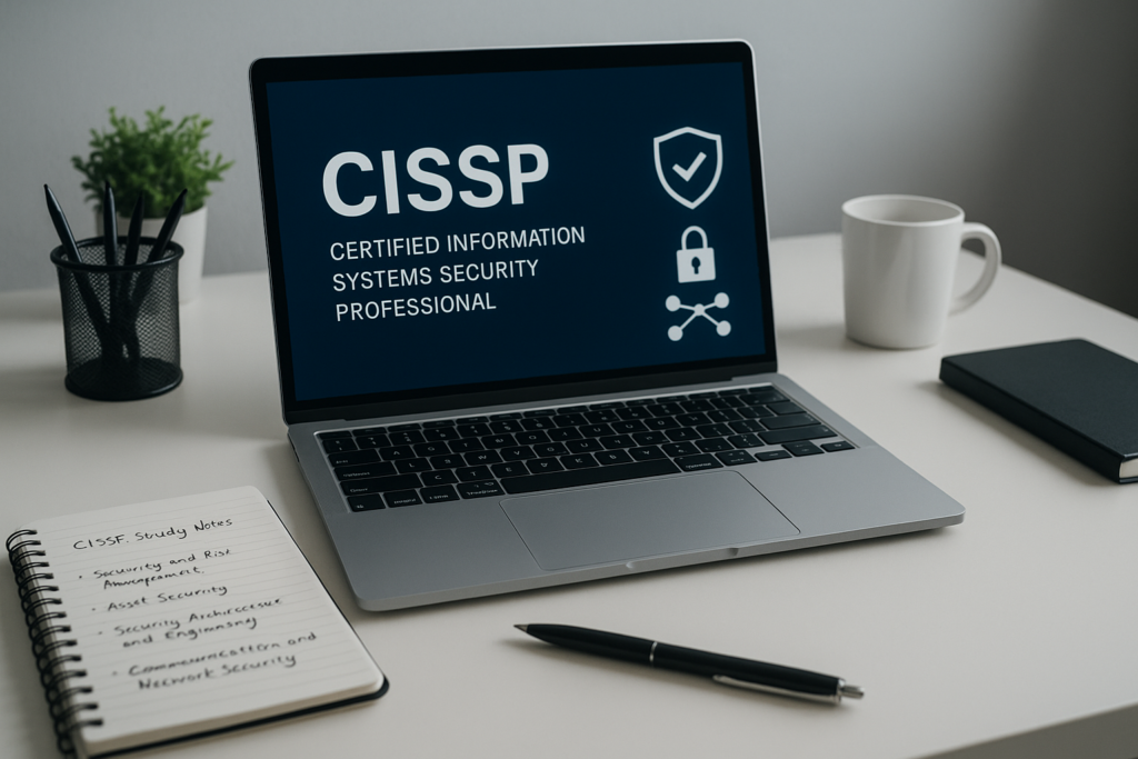 CISSP study guide 2026 workspace with laptop, notes, and cybersecurity icons