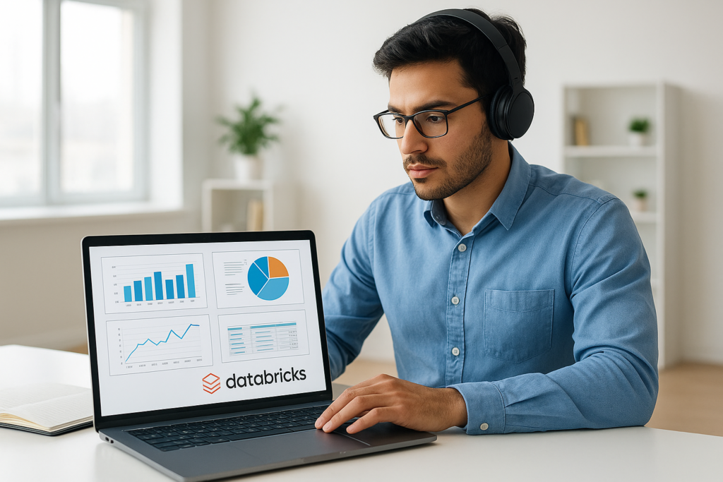 Data engineer studying for Databricks Certified Data Engineer Associate exam with laptop and diagrams