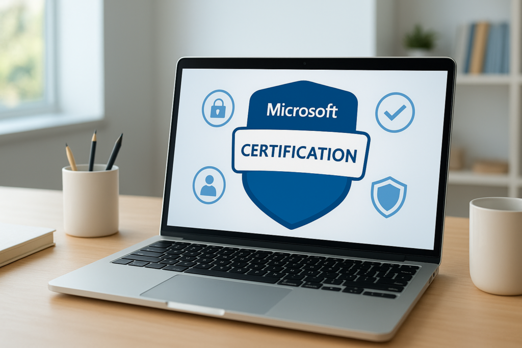 Microsoft Certified Security Compliance and Identity Fundamentals study guide workspace with laptop and security icons
