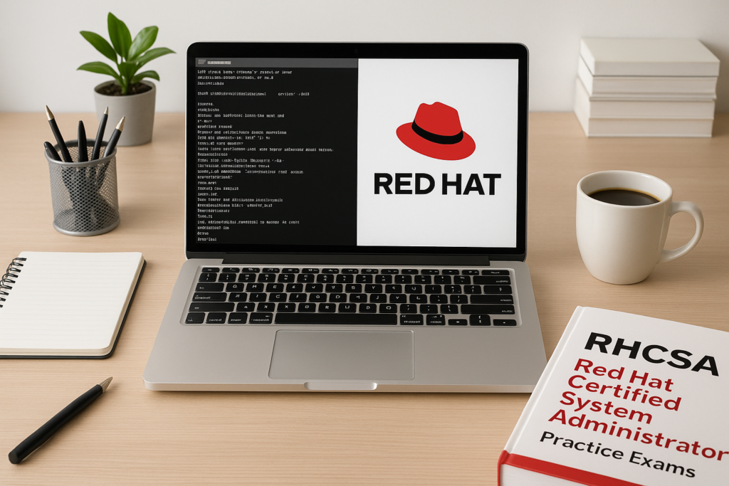 RHCSA study guide workspace with Linux terminal and Red Hat logo