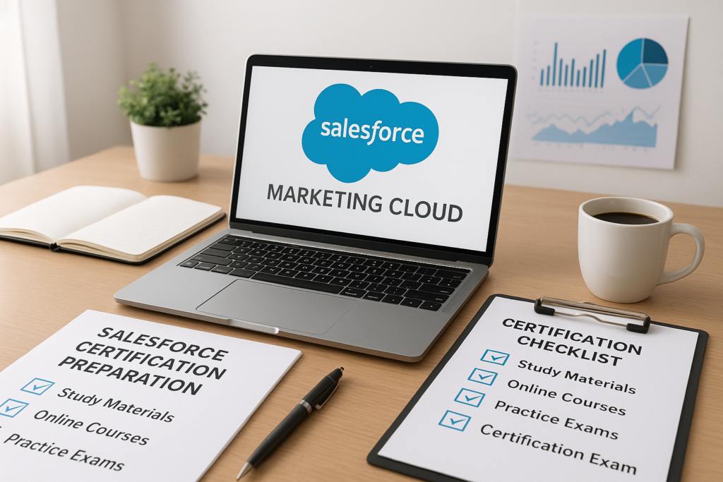 Salesforce Marketing Cloud Email Specialist study guide workspace with laptop and study materials