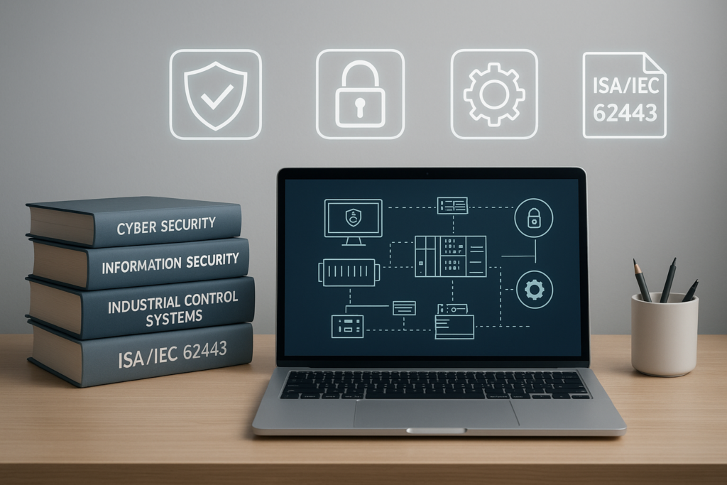 Study desk with cybersecurity books, laptop, and ISA/IEC 62443 standards icons