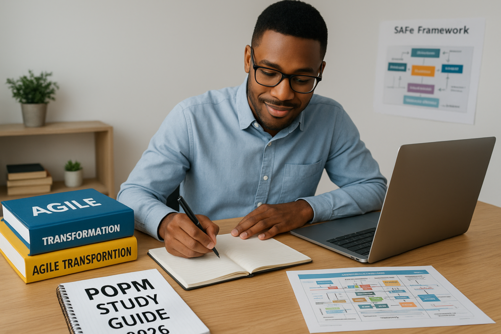 SAFe Product Owner/Product Manager Certification (POPM) study guide materials and candidate preparing for exam in 2026