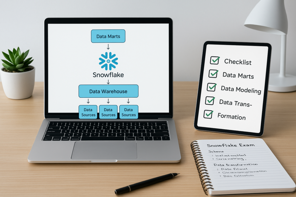 SnowPro Advanced Architect study guide workspace with laptop and notes