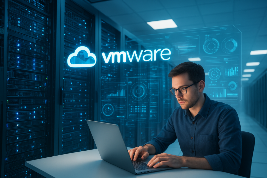 Professional studying for VMware Certified Professional - Data Center Virtualization 2023 in a modern data center